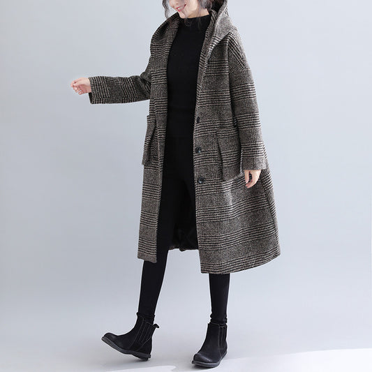 Houndstooth Pattern Korean Style Woolen Coat Plus Size Women